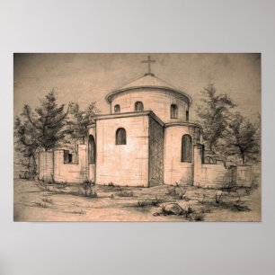 Poster antigo da arte do lápis da igreja da