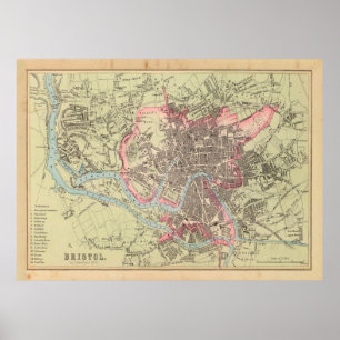 Poster Antigo mapa britânico de Bristol (1872) 