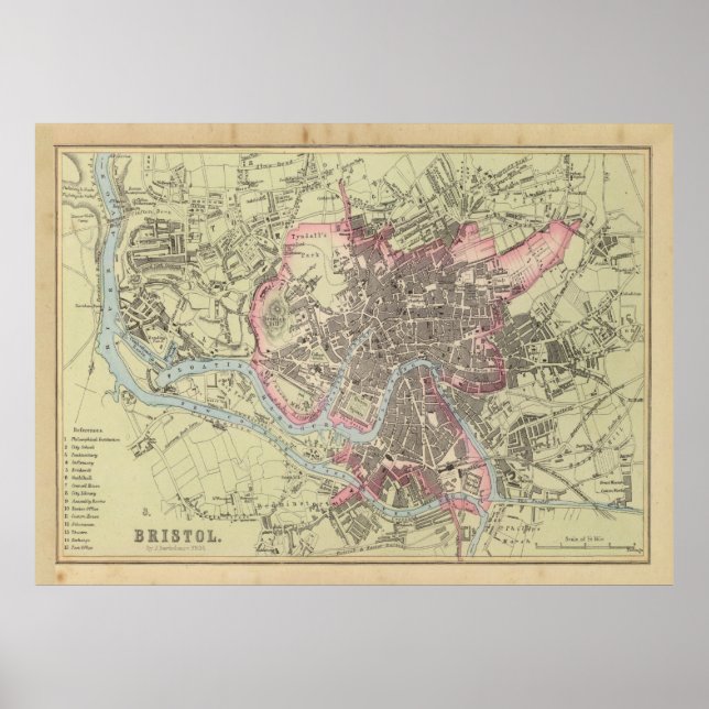 Poster Antigo mapa britânico de Bristol (1872) (Frente)