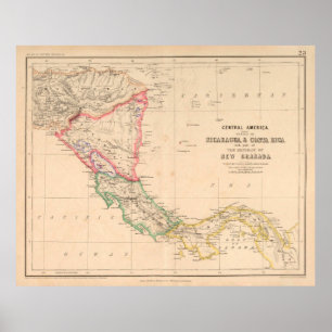 Poster Antigo Mapa da América Central (1857) Países lat