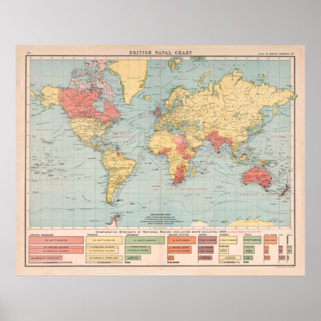 Poster Antigo Mapa da Guerra Naval do Império Britânico ( (Frente)