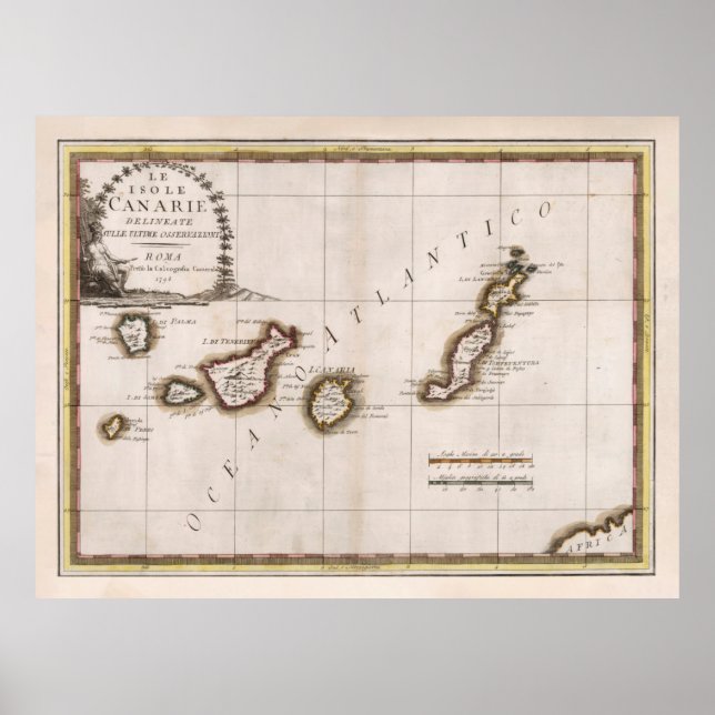 Poster Antigo mapa das ilhas Canárias (1798) (Frente)