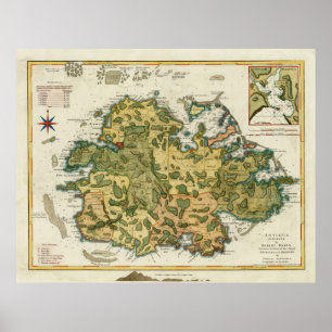 Poster Antigo Mapa de Antígua (1794) Vintage Waladli Isl