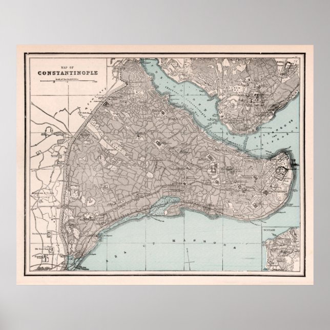 Poster Antigo Mapa de Constantinopla (1893) Vintage Istam (Frente)
