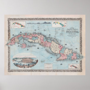 Poster Antigo Mapa de Cuba (1868) Atlas Insular Cubanas V