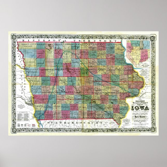 Poster Antigo mapa de Iowa de 1856 (Frente)