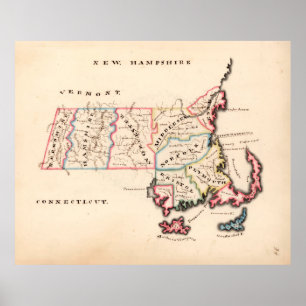 Poster Antigo Mapa de Massachusetts (1819) O Estado da Ba