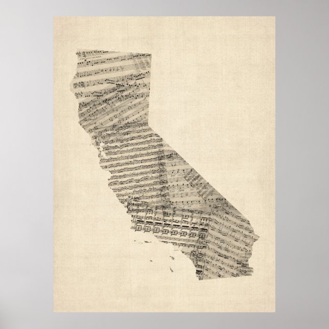 Pôster Antigo Mapa de Música da Califórnia (Frente)