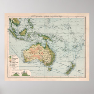 Poster Antigo Mapa de Rotas Comerciais da Austrália (190