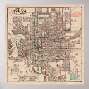 Poster Antigo Mapa do Spokane WA (1924), Cidade de Lilac
