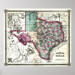 Poster Antigo mapa do Texas de 1866