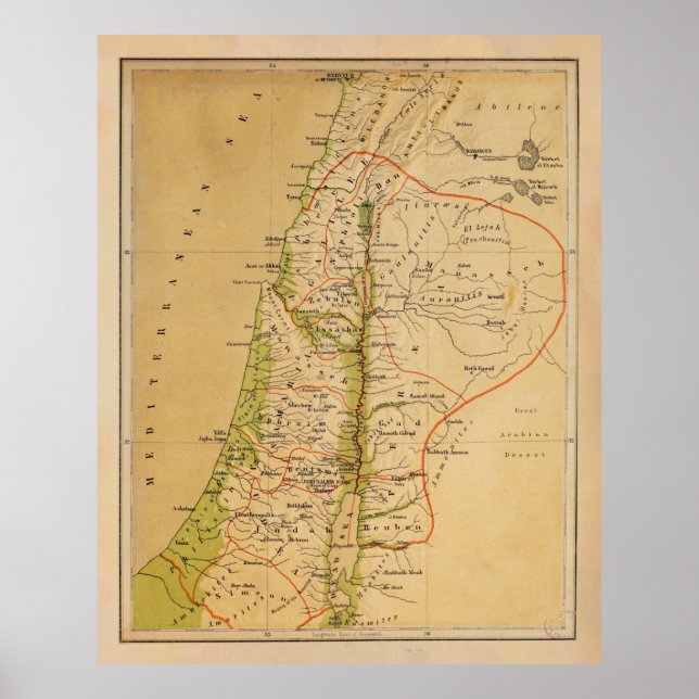 Poster Antigo mapa físico da Palestina (1881) (Frente)
