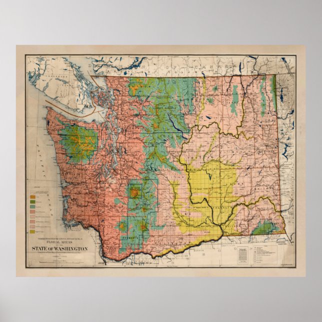 Poster Antigo Mapa Floral do Estado de Washington (1906) (Frente)
