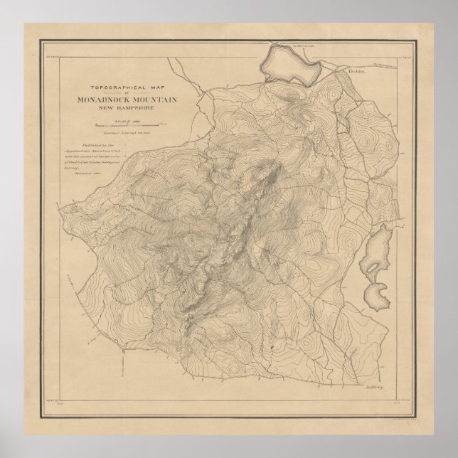 Poster Antigo Mapa Monadnock (1891) (Frente)