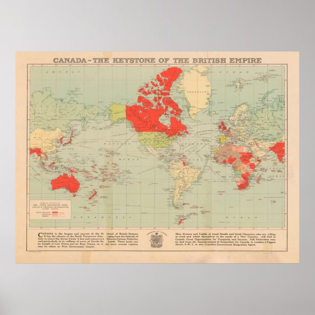 Poster Antigo Mapa Mundial do Império Britânico (1920) (Frente)