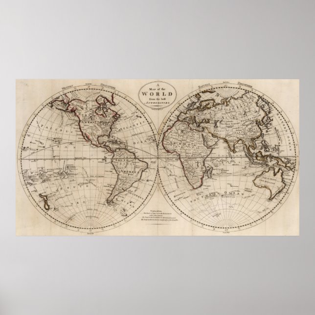 Poster Antigo Mapa Mundial Moçado (1795) (Frente)