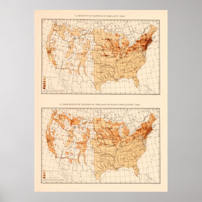 Poster Antigo Mapa Populacional Irlandês dos EUA (1900) (Frente)