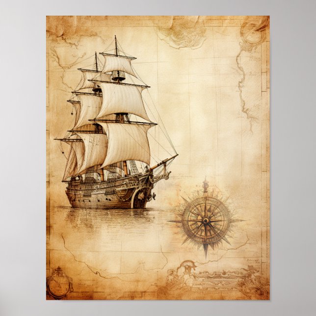 Poster Antigo navio e Mapa Antiquado do Compasso Windrose (Frente)