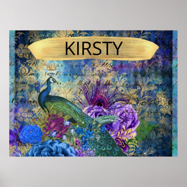 Poster Antigo Pavão Ilustrado e Flores Grunge (Frente)