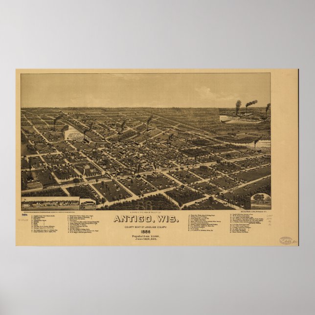 Pôster Antigo Wisconsin 1886 Antique Panoramic Map (Frente)