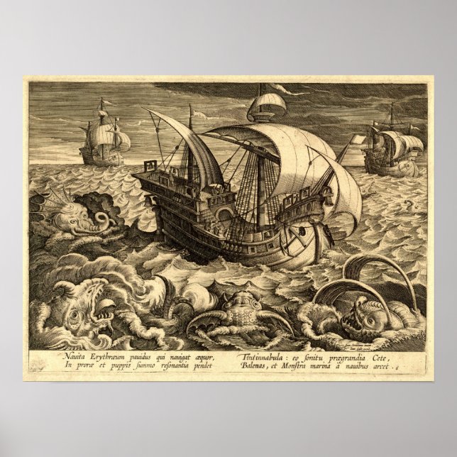 Poster Antigos 1590 Navios E Monstros Marítimos (Frente)
