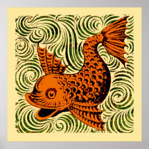 Poster Antiguidade da arte azulejo de peixe