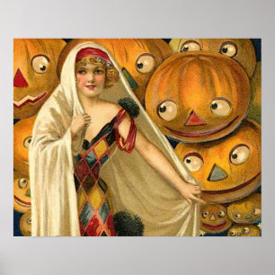Poster Antiguidade Halloween Jack O Lanterna Mulher do Co