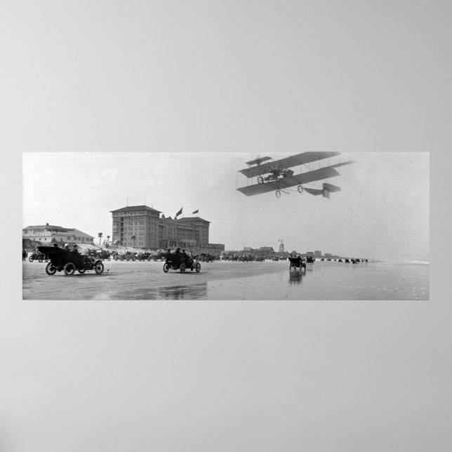 Poster Antique Biplane sobre Daytona Beach, Flórida, 1911 (Frente)