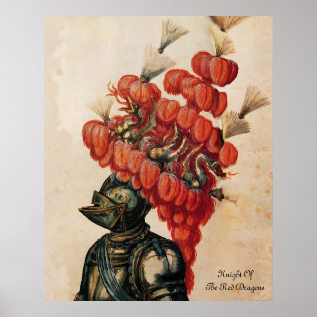 POSTER ANTIQUE KNIGHT HELMET, DRAGÕES E PENAS VERMELHAS (Frente)