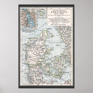 Pôster Antique Map of Denmark, Danmark in Danish, 1905