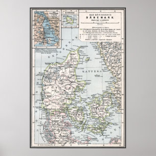 Pôster Antique Map of Denmark, Danmark in Danish, 1905
