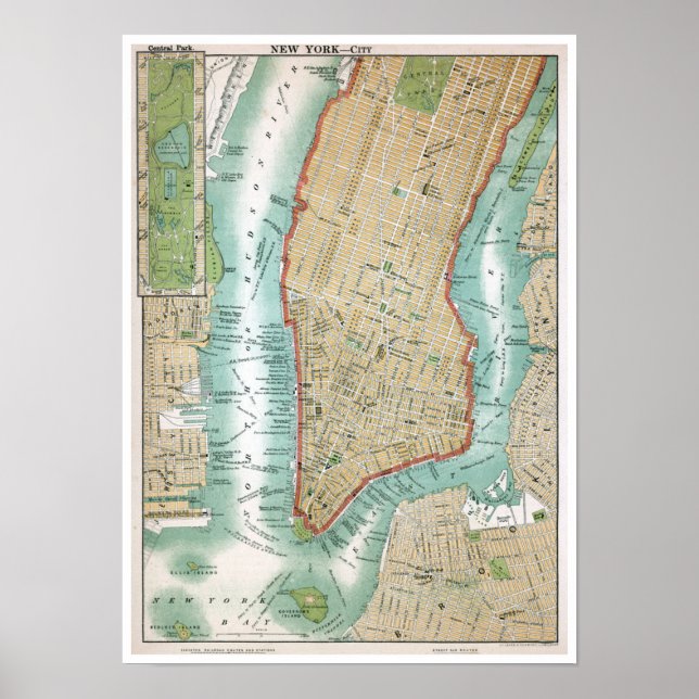 Poster Antique Map of Lower Manhattan and Central Park (Frente)