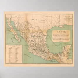 Poster Antique Map of Mexico Etats Unis du Mexique