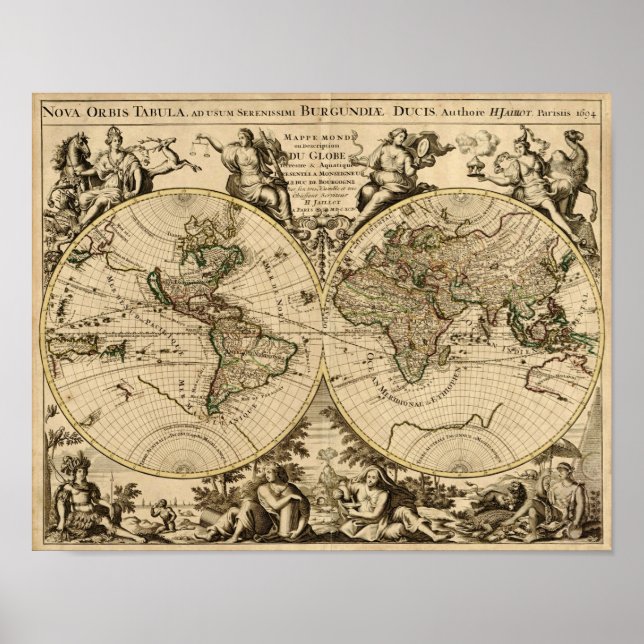 Poster Antique Mapa Mundial, 1694, por Alexis Hubert Jail (Frente)