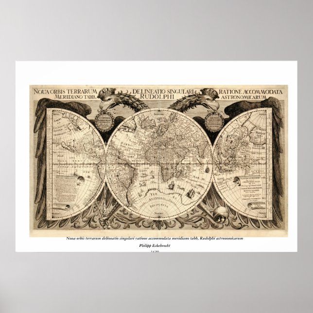 Poster Antique Mapa Mundial de Philipp Eckebrecht - 1630 (Frente)
