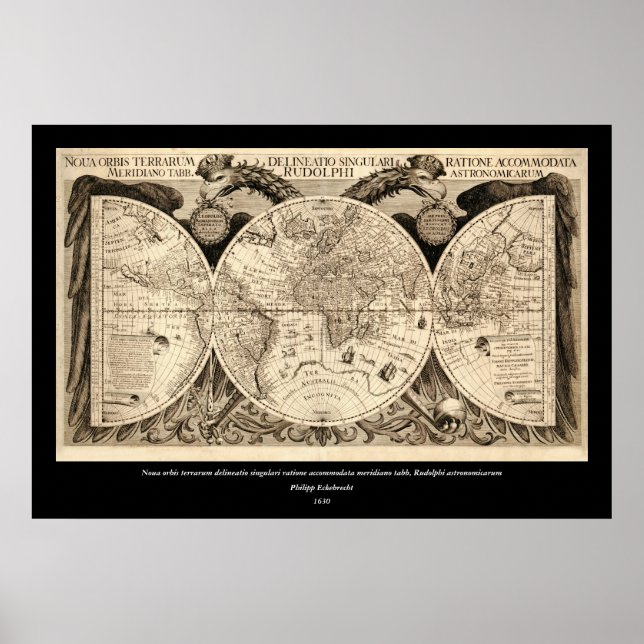 Pôster Antique Mapa Mundial de Philipp Eckebrecht - 1630 (Frente)
