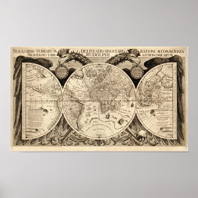 Poster Antique Mapa Mundial de Philipp Eckebrecht - 1630 (Frente)