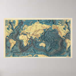 Poster Antique Ocean Relief World Map: Yellow Continents 