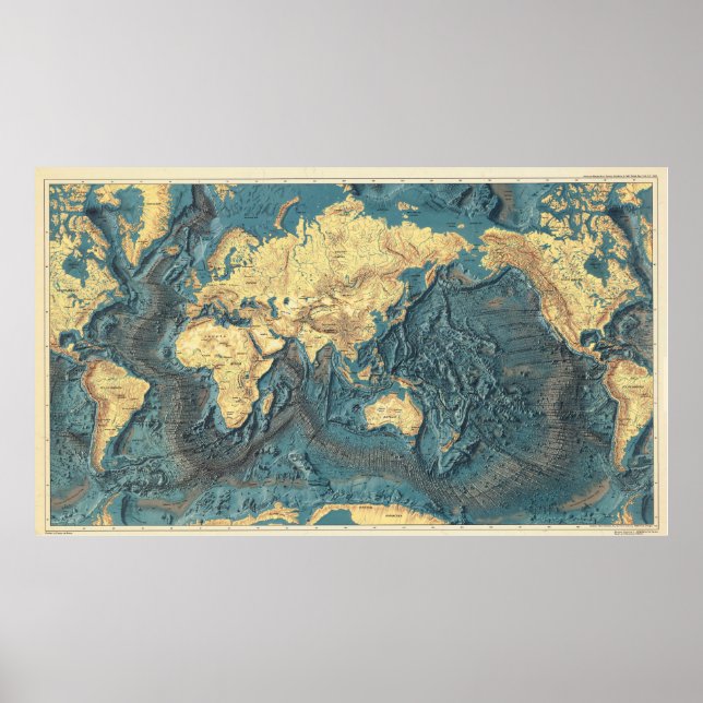 Poster Antique Ocean Relief World Map: Yellow Continents  (Frente)