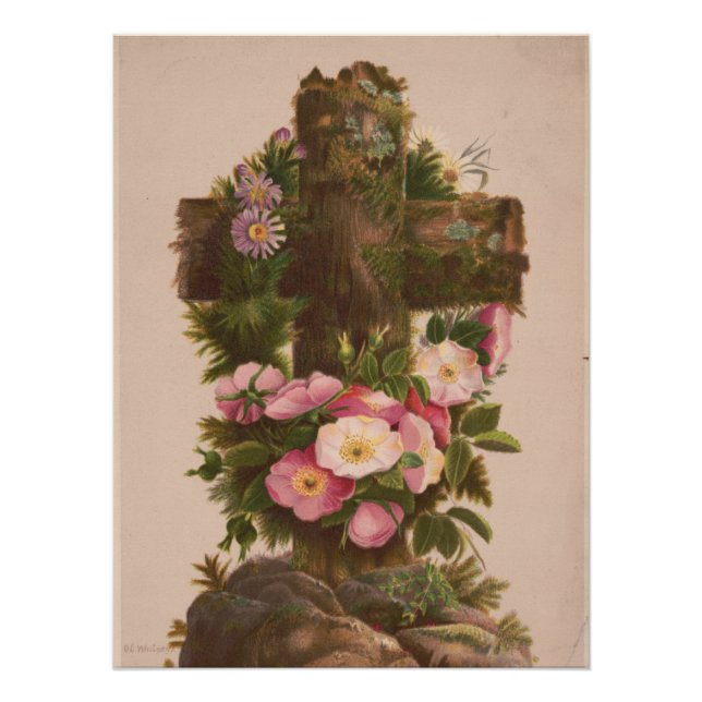 Pôster Antique Rustic Cross, Wild Roses, Easter Card, (Frente)