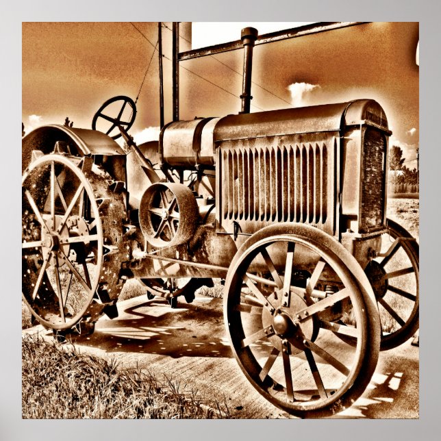 Pôster Antique Tractor Farm Equipment Classic Sepia (Frente)