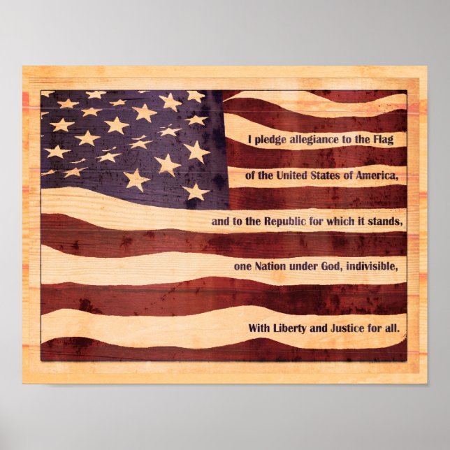 Pôster Antiqued flag with pledge of allegiance wood look (Frente)