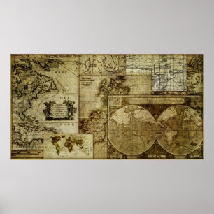 Pôster Antiquidade e rústico, mapas mundiais