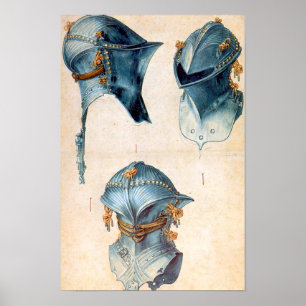 PÔSTER ANTÍQUIO KNIGHT ARMORS/TRÊS ESTUDOS DE UM HELMET