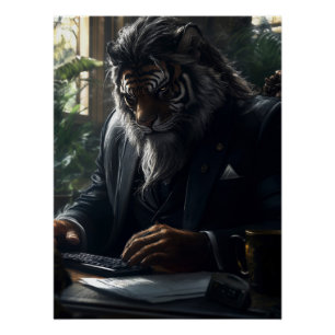 Pôster Antropomórfico Tiger Businessman num Estudo