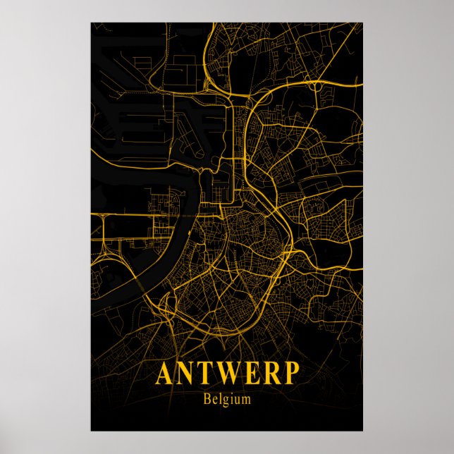 Poster Antuérpia Bélgica Mapa Dourado das Ruas Europa (Frente)
