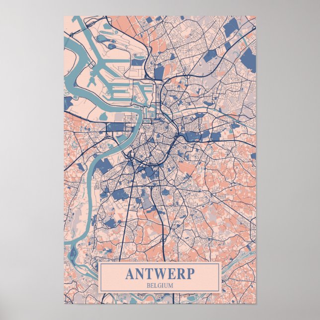 Poster Antwerpen Bélgica Mapa da Cidade Ventilada Viagem (Frente)