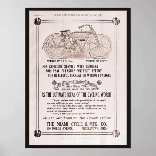 Pôster Anúncio de moto em Miami em 1915 (Frente)