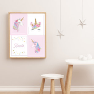 Poster Anúncio de Nascimento de Menina Unicórnio Rosa Chá