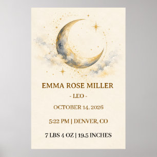 Poster Anúncio de Nascimento Personalizado com Fase Lunar